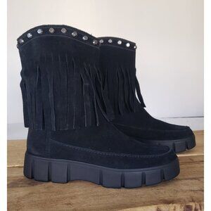 NWT Geox Ghoula Suede Fringe Studded Mid-Calf Chunky Lug Sole Winter Boots Sz 8
